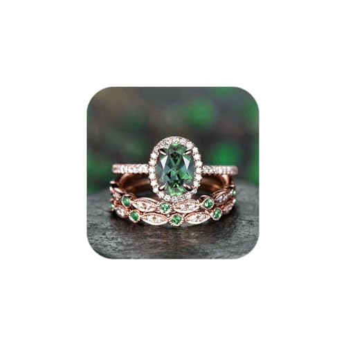 Emerald Wedding Ring Set for Women Antique Vintage Solitaire Created Green Emerald Ring Jewelry for Brides Wedding for Her