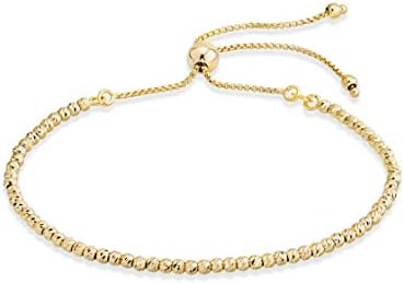 Miabella 925 Sterling Silver or 18Kt Gold Over Silver Diamond-Cut Adjustable Bolo 2.5mm Bead Bracelet for Women, Handmade Italian Beaded Ball Chain Bracelet (yellow-gold-plated-silver)