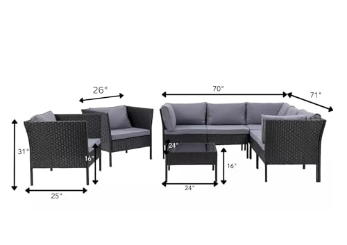 Image of DEVOKO 5-Piece L-Shape Outdoor Patio Wicker Conversation Set Sofa with Ottomans and Glass Coffee Table (Black and Dark Grey)