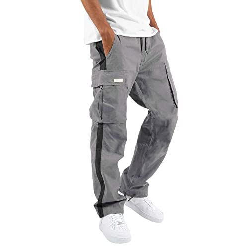 Mens Cargo Sweatpants Casual Straight Pants Open Bottom Drawstring Bundle Pocket Color Matching Trousers