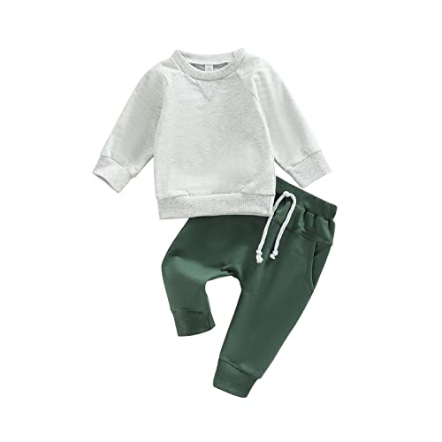 Toddler Baby Boy Clothes Solid Color Long Sleeve Crewneck Sweatshirt Top Casual Pants Set 2Pcs Fall Winter Outfits (Gray & Green, 2-3 Years) #TOP23