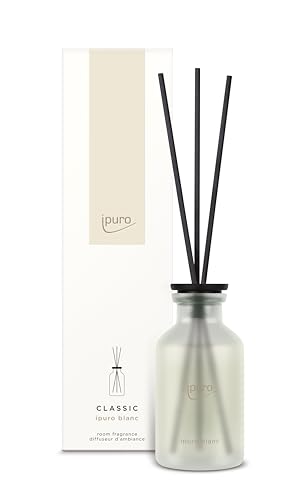 ipuro - Diffuseur de Parfum CLASSIC BLANC - 75ml - Diffuseur à tiges avec Géranium, Menthe & Bois de Santal - Parfum d’air frais rappelant la pluie...
