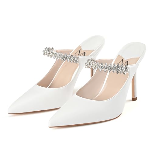 Image of MIRAAZZURRA Women Heeled Mules Rhinestone Strappy Pointed Toe Mules Stiletto High Heels Slip On Bridal Sandals for Women