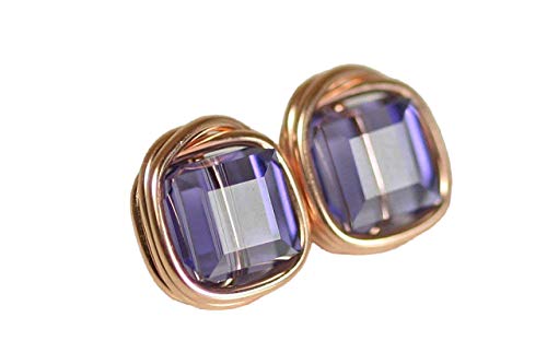 Rose Gold Tanzanite Blue Purple Stud Earrings - Wire Wrapped Crystal Handmade Jewelry