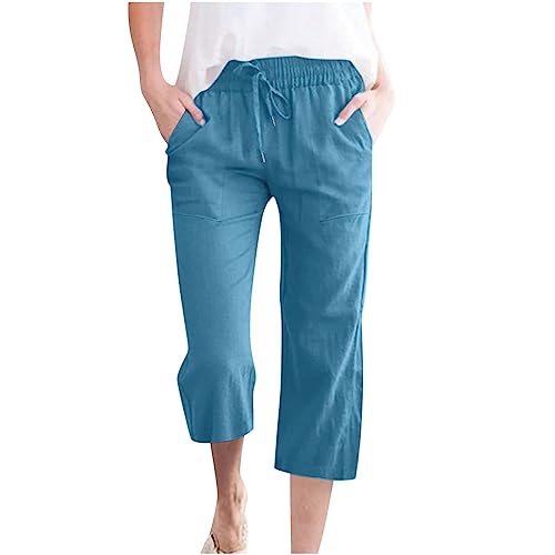Womens Casual Capri Pants Summer Drawstring Elastic High Waist Linen Pant Straight Cropped Trousers with Pockets
