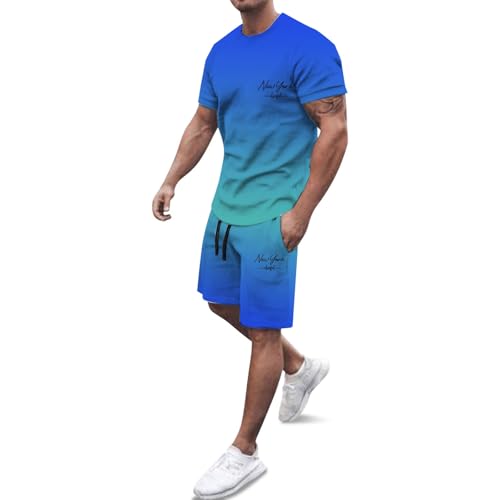 Ensemble Homme T-shirt Ample Imprimé Lettres Tenue Sport Été Bleu XXXL