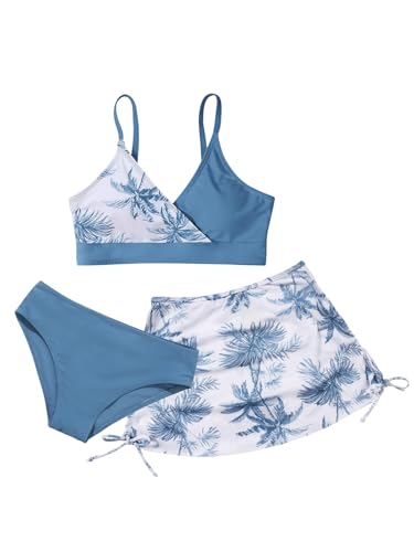 ESHOO Girls Swimsuit 3 Piece Bikini Set Tropical Print Cross V Neck Bathing Suits Girls' Swimwear with Cover Up Skirt 10-16T Dark Blue