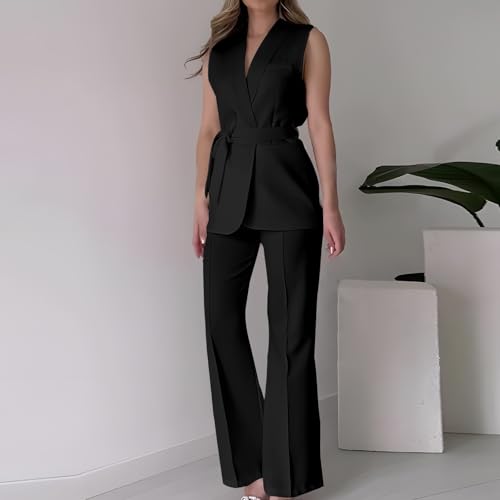 Womens Blazer 2 Piece Outfits Sleeveless Blazers Vest Wide Leg Pant Suit Sets Dressy Casual Business Office Work Suit2