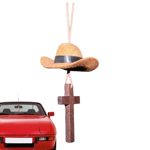 Colgante de espejo retrovisor para coche, diseño rústico de sombrero de vaquero, cruz colgante, sombrero de vaquero, decoración para vehículo, para interior SUV sedán, coche, casa, mochila, hombres