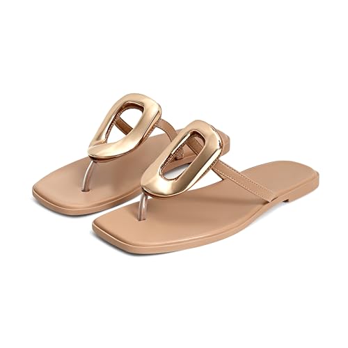 Image of Wnshonzy Flip-Flops for Women Thong Sandals Flat Slip on Slides Beach Comfort Open Square Toe Ladies Slipper Dressy Metal Hardware Decoration Summer Shoes Casual Fashion
