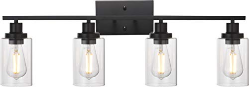 Limited Discount MELUCEE 4 Lights Sconces Wall Lighting Black with Clear Glass Shade, Industrial Bathroom Light Fixtures Vanity Lights Porch Light Fixtures Wall Mount