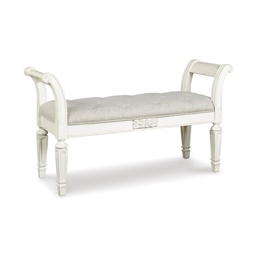 Signature Design by Ashley Realyn French Country Upholstered Tufted Accent Bench with Foam Cushion and Scrolled Arms, Wood Frame, 25.88' High, Antique White
