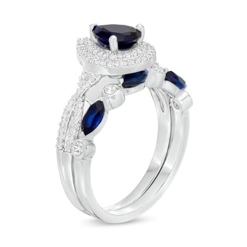 Rosie Collection Pear-Shaped Blue Sapphire Double Halo Twist Shank Art Deco Wedding Ring Bridal Set in Sterling Silver3