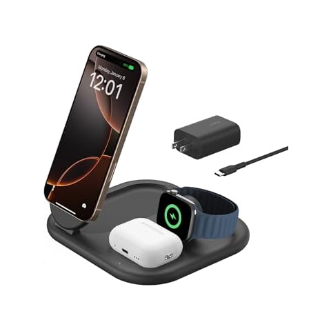 Belkin 3-in-1 MagSafe-Compatible iPhone Charger 15W, Foldable Magnetic Qi2-Certified Wireless Charging Station for iPhone 16, Apple Watch Series 10, AirPods 4, and More, w/Non-Slip Base & PSU - Black Cover