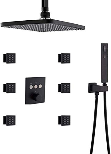 Système de douche thermostatique de plafond rectangle 12x8 pouces avec 6 jets de massage de pluie