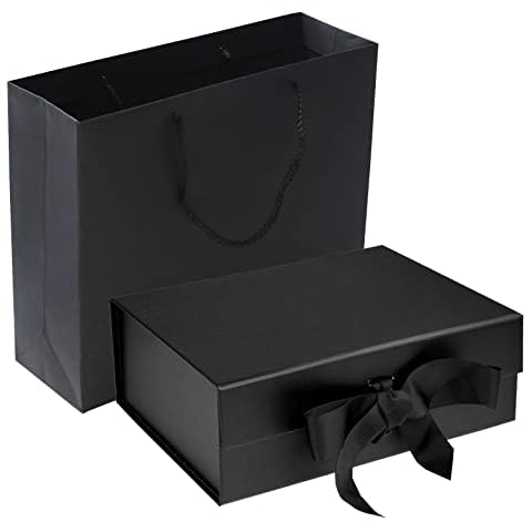 RUIFYRAY Black Luxury Magnetic Gift Box with Lid, Ribbons and Gift Bag, Medium Size-9.4x7x3 Inches, Great for Christmas, New Year, Wedding, Birthdays, Man Cover