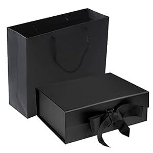 Black Luxury Magnetic Gift Box with Lid, Ribbons and Gift Bag, Medium Size-9.4x7x3 Inches, Great for Christmas, New Year, Wedding, Birthdays, Man