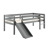 Lit Surélevé en Pin Laqué Gris 90x200cm avec Tobogan de la gamme Sleepy. Le lit idéal pour votre enfant qui trouvera l'accès par la petite échelle et le tobogan très amusant.