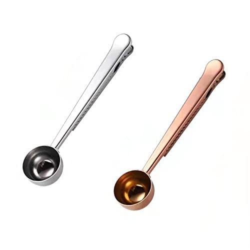 2Pcs Stainless Steel Coffee Scoop With Bag Sealing Clip For For Ground Coffee Coffee Beans Loose Tea Spices (Silver And Rose Gold） #TOP20