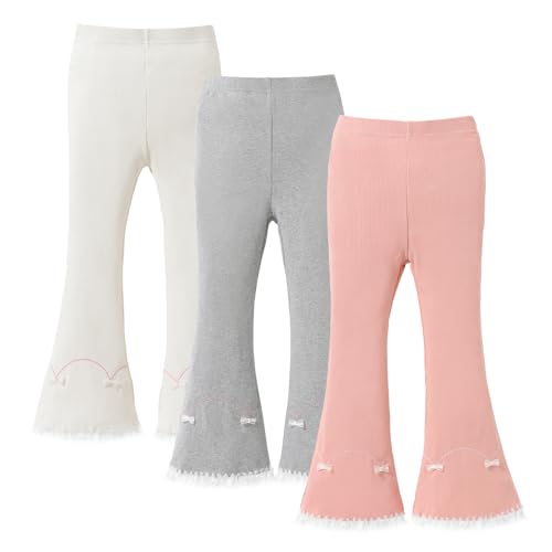 Bafeicao Girls Flare Leggings Kids Yoga Pants Girls Bell Bottoms Extra Wide Waistband Leggings with Bow Embroidery 3 Pack