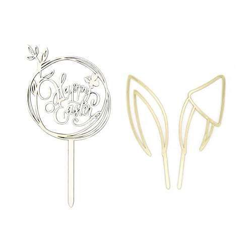2PCS Happy Easter Cake Topper, Rabbit Ears Easter Cake Decoration Happy Easter For Gold Rabbit Cake Toppers Easter Party, Birthday Party