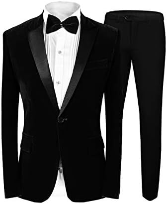 MAGE MALE Men's 2 Piece Suit Peaked Lapel One Button Tuxedo Slim Fit Velvet Blazer Party Dinner Jacket & Pants