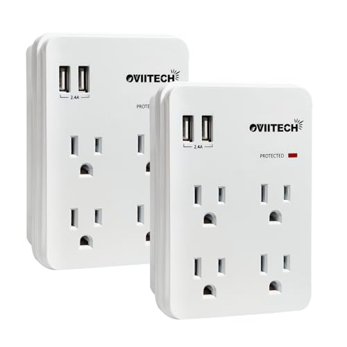 Multi-Functional Wall Mount Outlet,Surge Protector,OviiTech 4-Outlet with USB 2.4A Charging Ports Socket Outlets Adapter,1875 W,750 Joules,White,ETL Listed,2 Pack