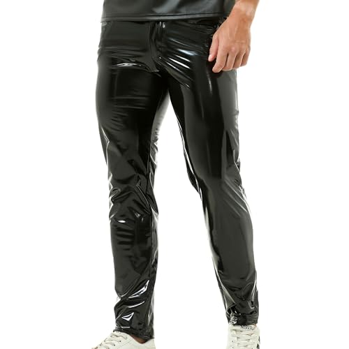 QiaTi Pantalon Long en Cuir synthétique pour Homme - Décontracté - Stretch - Coupe Droite - Coupe ajustée - pour Moto, Club de Nuit