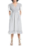 Max Studio Women's Yarn Dye Flutter Sleeve Dress, White/Black-Bd-134-100, Large