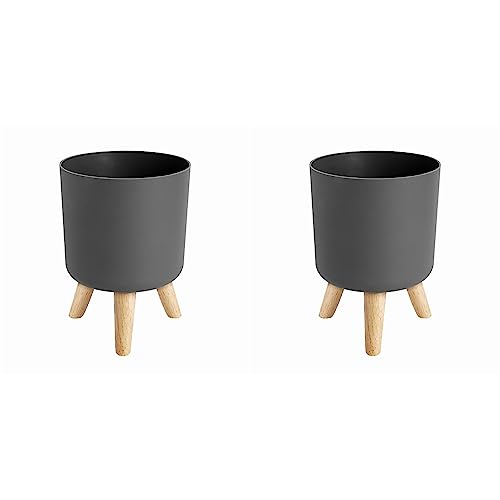 Speesy - Lote de 2 macetas para plantas modernas con soporte para piernas de madera, dormitorio, salón, piso de pie, maceta de jardín, 1