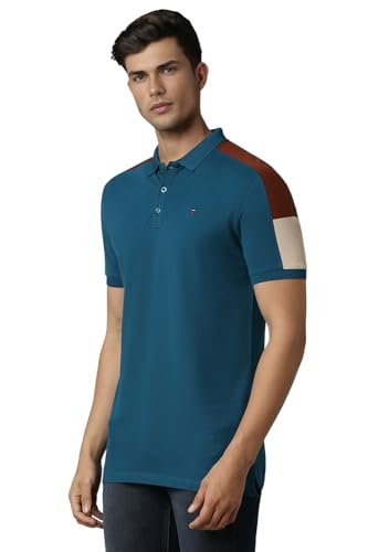 Image of Louis Philippe Men's Slim Fit Premium High-End Pique in Superior Cotton Cut & Sew Design Color Block Shoulder Half Sleeve Polo Tshirt