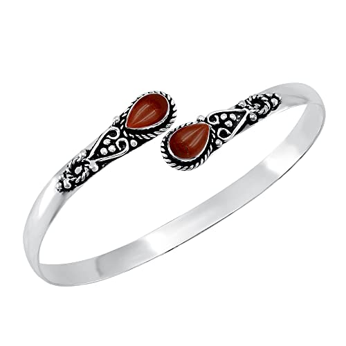 925 Silver Plated Natural Red Jasper Cuff Bracelet for Women - Red Stone Adjustable Open Bangle Handmade Jewelry - Gift for Mother's Day Wedding Christmas