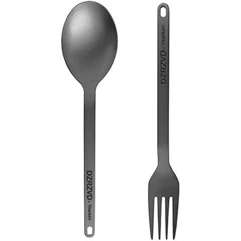 DZRZVD Titanium Fork and Spoon Set, 6.9” Titanium Fork, 6.8" Titanium Spoon, Camping Fork and Spoon Set, Ultra-Light Titanium Flatware, Eco-Friendly Coffee Spoon,Portable Travel Utensils Set - 1.2 oz Cover
