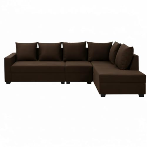 Image of FURNY Gloria 8 Seater Fabric RHS L Shape Sofa Set with 1 Centre Table & 2 Puffy (Dark Brown) | Premium Velvet Finish | Ideal of Living Room
