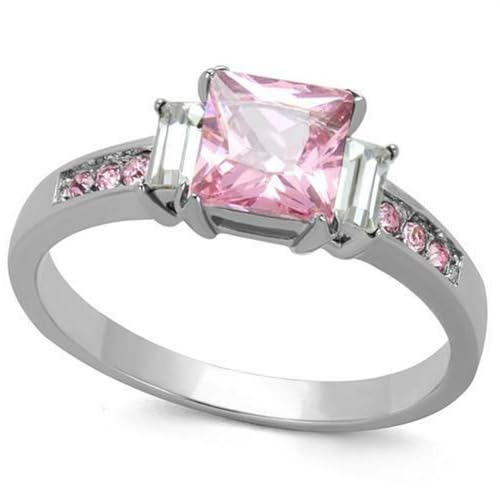Rose Pink & Clear White 3-Stone Princess Square Cut Cubic Zirconia CZ Engagement Ring, Hypoallergenic 316L Stainless Steel