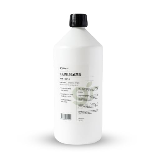 Greenum Glycérine végétale 1000 ml - 99,5 % pure - Glycérine végétalienne pour soins de la peau, cosmétiques, fabrication de savon et bricolage - Non grasse et soluble dans l'eau