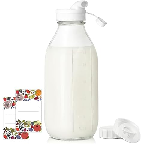Syntic Square Liter Glass Milk Bottles with Airtight Lid - 100% Airtight Heavy Duty Screw Lid, 32 Oz Glass Juice Bottles w Scale Mark, Reusable Glass Jars for Homemade Juice(Extra 1 Lid and Pen) Cover