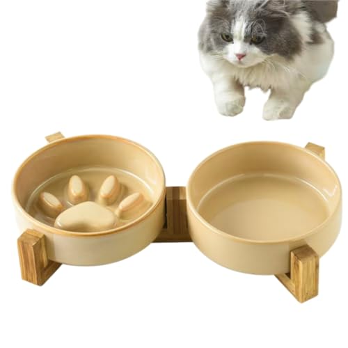 YDORKKU 和風窯変セラミックペットボウル 早食い防止スローフィード設計 猫犬兼用滑り止め食器 取り外し可能木製スタンド 転倒防止安定ベース ペット早食い防止皿 中型犬子犬対応 陶器ペット用品(ブラウン,13×4.5cm)