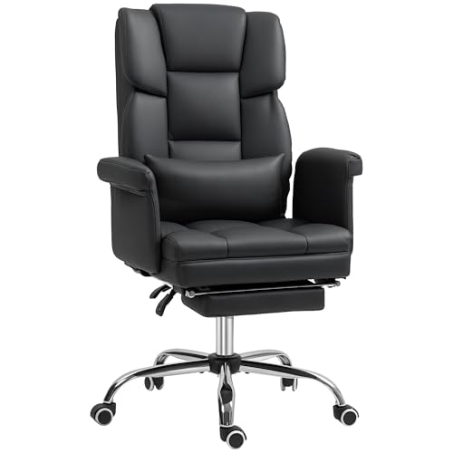 HOMCOM Bürostuhl, Ergonomisch Schreibtischstuhl mit Liegefunktion, Lendenkissen, Höhenverstellbar Computerstuhl mit Fußstütze, Drehfunktion, für Home-Office, Kunstleder, Schwarz