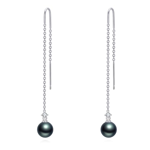 Tahitian Black Pearl Earrings with Lab Grown Diamond Long Threader Earrings for Women 18K White Gold Plated Silver Jewelry Gifts for Women - Main Image