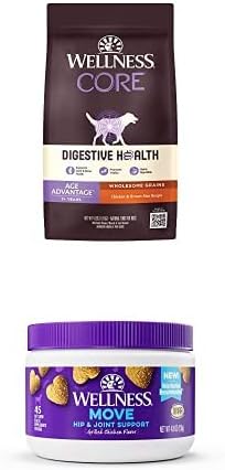 Wellness Senior Dog Food + Supplements Bundle: CORE Digestive Health Senior Dry Dog Food with Grains (Chicken, 4 Pound Bag) + Wellness Hip & Joint Health Soft Chews Dog Supplements, 45 Count
