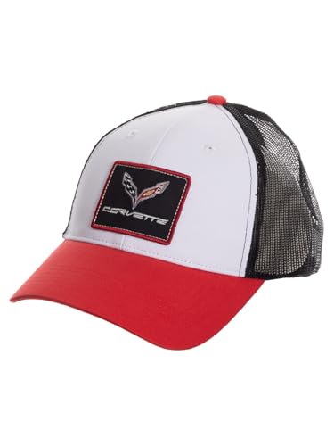 Calhoun Chevrolet Corvette Licensed Trucker Hat White Front Red Bill Black Mesh Embroidered Patch Crossed Flags Logo Adjustable Snapback Cap