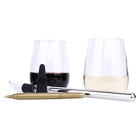 Bella Wine Accessories Sets- Wine Enthusiast Gifts Pack of 5-2 Wine Glasses, 1 Stainless Steel Wine Chiller, 1 Wine Marker and 1 Wine Stopper. This Wine Drinker Gifts Are Perfect for Any Wine Lover Cover