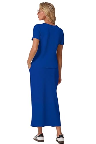 Image of GRECERELLE Women Summer Casual 2 Piece Sets V-Neck Wrinkle-Free Top & Elastic Waist Midi Side Slit Skirt with Pockets