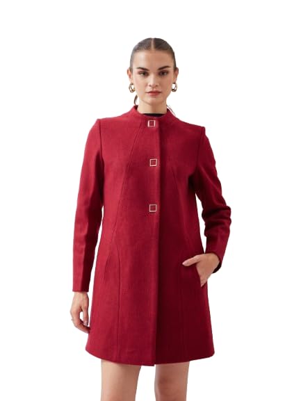 latin quarters Women's Maroon A-Line Mandarin Collared Casual Solid Coat-picture-18