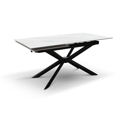 PAZZO DESIGN Table extensible Priscilla, plateau en blanc statuaire, pieds noirs, cuisine, salon, céramique, 160 x 90 x h76 cm - id_2302