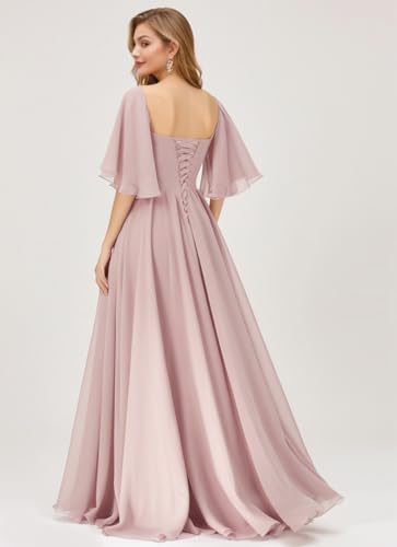 IIF Women's Chiffon Bridesmaid Dresses for Wedding Flutter Sleeves Ruched A Line Long Formal Dress with Slit IIF1492