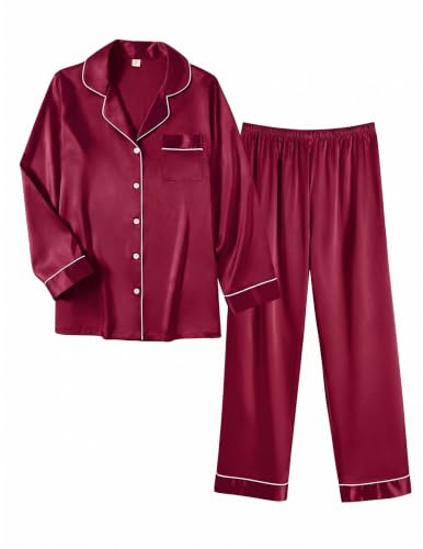 Image of Ekouaer Women Satin Pajamas Set Classic Button Down Long Pjs Set