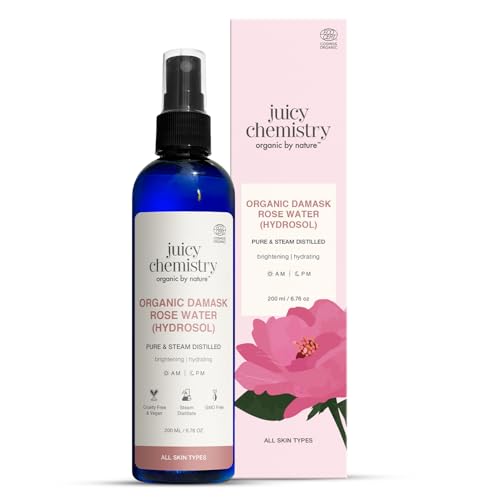 Image of Juicy Chemistry Organic Rose Water (Hydrosol), 200 ml | Face Toner for Glowing, Brighter and Hydrated Skin | Made with Bulgarian Damask Roses - Clinically Tested