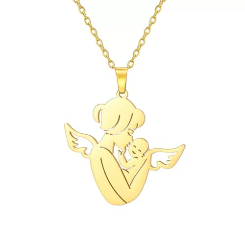 Visxcnu 1 Pièce Collier Fête des Mères Acier Inoxydable Plaqué Or 18K Pendentif Maman et Enfant Bijoux Femme Cadeau Anniversaire Collier Ajustable Mode